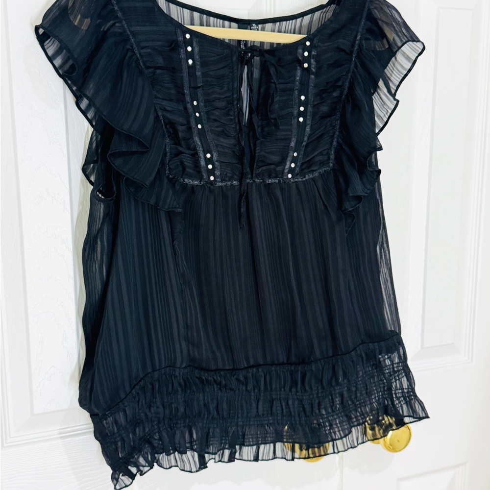 XL Black Ruffled Women's Top Essentials by Milano layered sheer Blouse